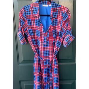 Jones NY Plaid Belted Shirt Dress S Blue Red Roll Tab Sleeve Classic Preppy